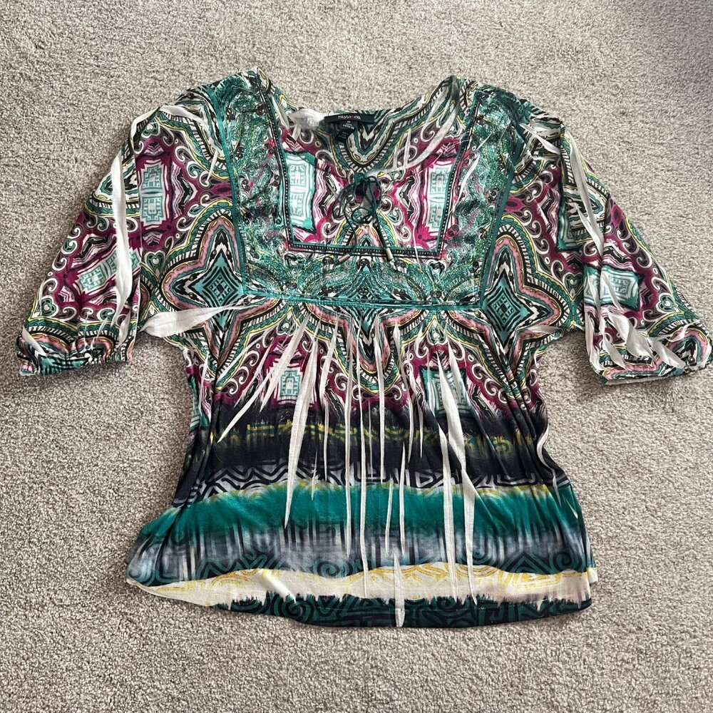 Y2K Billowy Sleeve Embroidered Lace-Up Abstract Rhinestone Green & Pink Top - Picture 4 of 8
